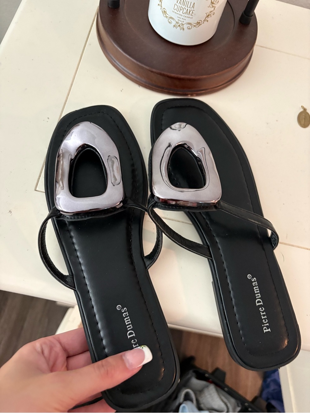Pierre Dumas Black Sandal Thong with Silver Metallic Accent